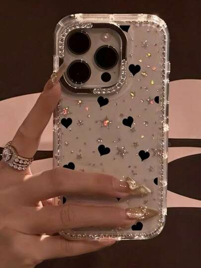 Luxury Shiny Black Heart & Star Transparent Full Coverage Phone Case, Suitable For Apple 17, 17 Air, 17 Pro, 17 Pro Max, 16, 15, 14, 13, 12, 11 Pro Max, With Rhinestone Lens Protection, Valentine's Day Edition, Soft TPU Shock-Absorbing Protective Cover