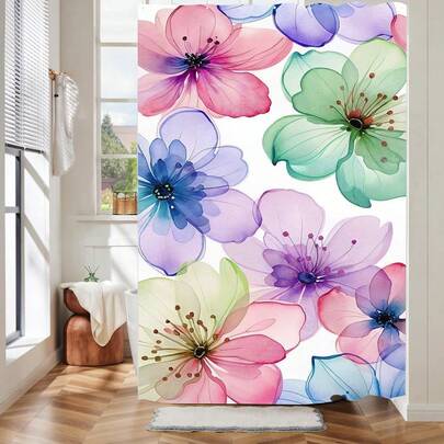 1pc Colorful Floral Shower Curtain Suitable For Bathroom Bathtub Partitions Bathroom Accessories Bathroom Curtain Decoration