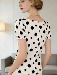 Women's Polka Dot Print Petal Sleeve Ruched Crew Neck Regular Length Woven Top Summer - Apricot - View 2