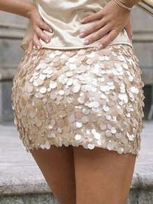 女士优雅香槟色大亮片圆盘迷你裙，时尚性感派对裙 - 杏色 - 查看 3