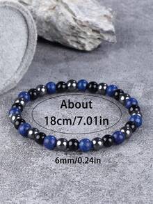 YAUKIA 男士天然石手链，6毫米青金石、赤铁矿和黑玛瑙，弹力材质，寓意守护、勇气，适合日常佩戴 - 彩色 - 查看 4