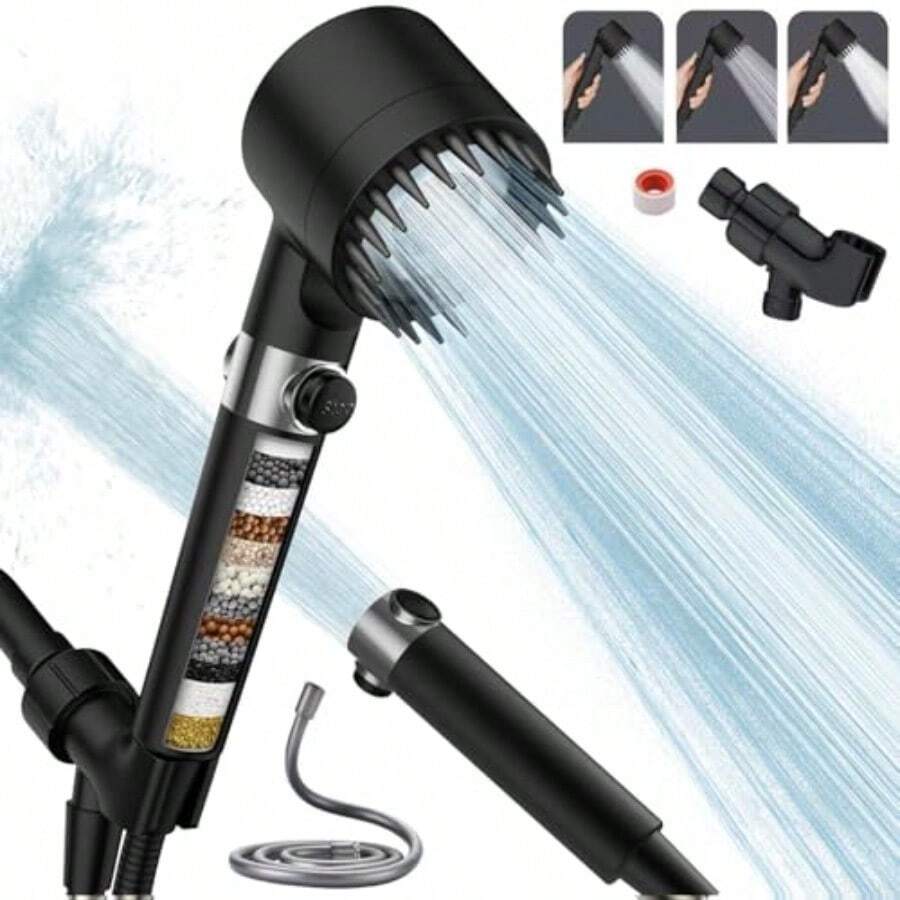 Cabezal de Ducha de Mano Con interruptorAlta Presión Y Múltiples Modos De Pulverización Filtro De Agua Suave De 18 Etapas Con Manguera De 150 Cm Cinta De Agua Y Soporte. - ferroso - Ver 1