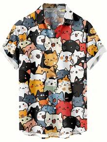 Playful Cats Gathering Together In Cheerful Harmony Symbolizing Friendship Joy And Warmth 3D Printed Men's Short Sleeve Casual Button Down Shirt Summer Streetwear Top - trắng - Xem 4