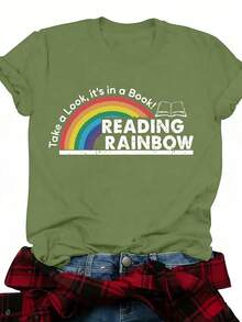 Women's Reading Rainbow Graphic Tee With Book Design Tee, Soft, Heavyweight, Fitted Fit, Print, Graphic, Design, Book, Rainbow Print, For Casual - 軍綠色 - 查看 1