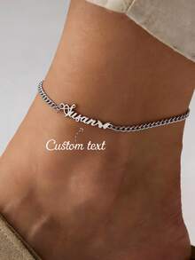 Vòng chân dây xích 3mm khắc tên theo yêu cầu, vòng chân chữ cái hình bướm tối giản bằng thép không gỉ, có thể điều chỉnh kích thước, phù hợp cho nữ, quà tặng Ngày của Mẹ. - Bạc - Xem 12