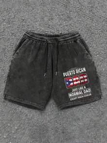 290g Washed, High Quality Batik Cotton Shorts, Suitable For Daily Wear, Adjustable Drawstring, Elastic Band And Pocket At The Waist, Puerto Rico, 250th Independence Day, Valentine's Day, Recent Explosions, Gifts For Friends. - màu đen - Xem 1