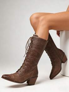 Women's Easter Leather Brown Mid Calf Boots Lace Up Chunky Heel Vintage Combat Heeled Dress Casual Boots Country Concert Combat Boots For Women - 棕色 - 查看 6