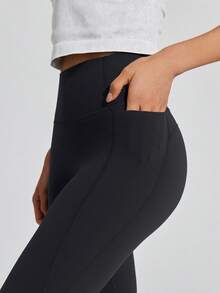 Leorrey 1pc Women's Fashionable High Waist Shaping Elastic Waistband Sports Pants With Side Pockets - Black - View 5