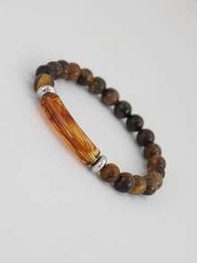 1pc Men's Tiger Eye Beaded Bracelet, Jewelry Wristband - Coffee Brown - View 3