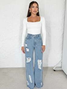 Women's Second Skin Bodysuit With Square Neckline And Long Sleeves - Basic - Blogger Style - 白色 - 查看 1