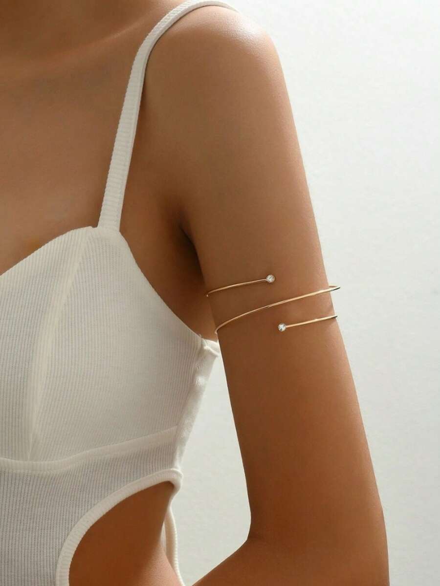 1件简约线条设计多层开口手镯，镶嵌水钻，百搭日常时尚臂饰 - 金黃色 - 查看 1