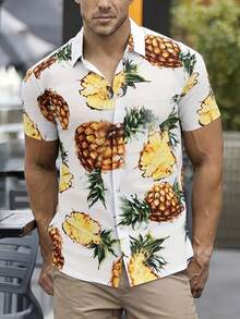 The Pattern Shows Bright Golden Pineapples Symbolizing Tropical Vitality Freedom Vacation Mood And  Vibes 3D Print Men's Hawaiian Short Sleeve Shirt Casual Button Down Beachwear Top - 白色 - 查看 1