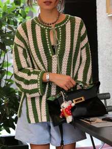女士条纹针织衫，时尚优雅前系带下摆开衩设计长袖宽松针织衫，适合春夏外出和度假穿着 - 彩色 - 查看 3
