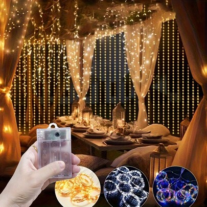 4种颜色可选，电池供电窗帘灯，花园装饰，节日串灯，8种模式，适用于房间、卧室、客厅窗帘、仙女灯、情人节装饰、庭院露营装饰、节日照明装饰、室内外装饰、仙女花环装饰、庭院装饰、浪漫房间装饰、闪亮仙女灯、生日派对装饰、婚礼派对串灯、圣诞节万圣节装饰灯