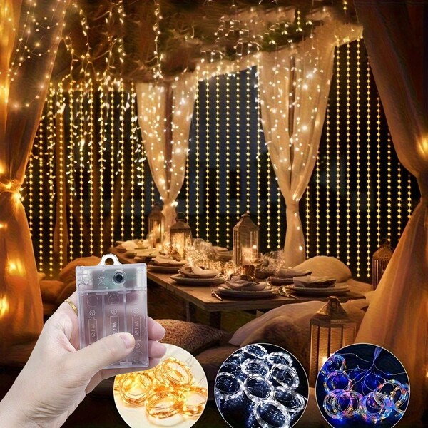 4 Color Choices Battery Operated Curtain Lights, Garden Decor, Holiday String Lights, 8 Modes Room Bedroom Living Room Curtain Fairy Lights, Valentine's Day Decor, Patio Camping Decor, Holiday Lighting Decor, Indoor Outdoor Decor, Fairy Wreath Decor, Patio Decor, Romantic Room Decor, Sparkling Fairy Lights, Birthday Party Decor, Wedding Party String Lights, Christmas Halloween Decorative Lights
