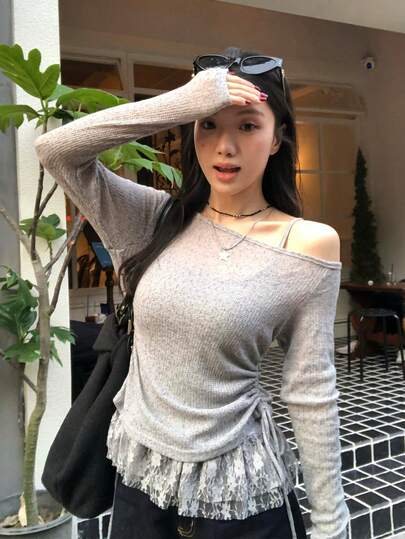 女士蕾丝拼接露肩长袖T恤，独特修身抽绳上衣，夏季休闲春季款