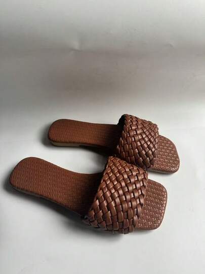 女士夏季沙滩度假方头拖鞋，编织单带平底舒适户外凉鞋