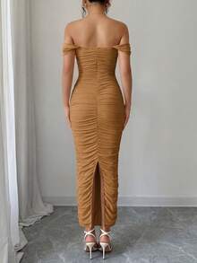 PRETTYGARDEN Women's Summer Dresses Off The Shoulder Dress Ruched Bodycon Sleeveless  Evening Elegant Dresses Wedding Guest Graduation Cocktail Club Party Brown Maxi Dresses - 棕色 - 查看 2