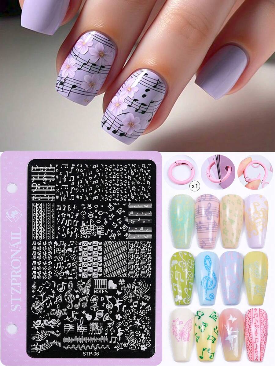 1pc Music Note Design Nail Stamping Plate Musical Staff Musical Instruments Dancer Cute Retro Nail Stamp Template Stainless Steel Reusable Salon Nail Tool Metal Pattern Carved DIY Manicure Accessory - Multicolor - View 1