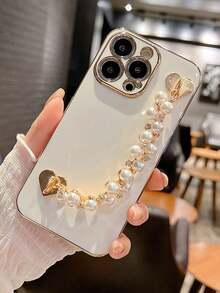 Vòng tay điện thoại sang trọng không cần khoan, đính ngọc trai giả và đá rhinestone, mặt dây chuyền hình trái tim dễ thương, phụ kiện ốp lưng điện thoại dạng chuỗi hạt. - Nhiều màu - Xem 5
