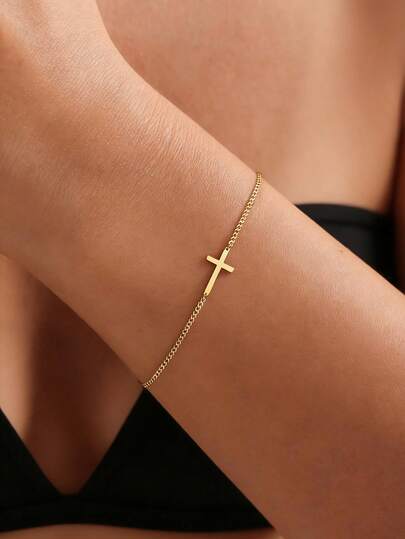 1条优雅的18K镀金不锈钢十字架手链，防水可叠戴女士手链