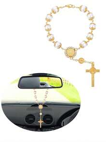 1pc Gold Crystal Cross Rearview Mirror Decor, Elegant Beaded Car Pendant Accessory - Gold - View 7