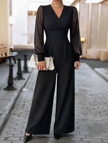Bộ jumpsuit nữ màu đen ống rộng, tay dài, cổ chữ V sâu, tay áo lưới bóng, eo cao, trang phục dự tiệc thanh lịch mùa xuân. - màu đen - Xem 3