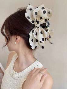 1pc Polka Dot Mesh Bow Hair Claw, Sweet - White Polka Dots - View 6