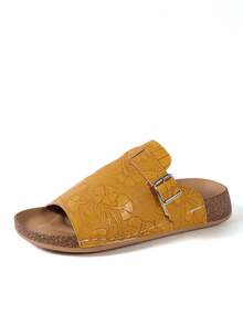 Thick Bottom Cork Slide Sandals Breathable Adjustable Buckle Non‑Slip Wear-Resistant Indoor Outdoor Slippers - Yellow - View 6