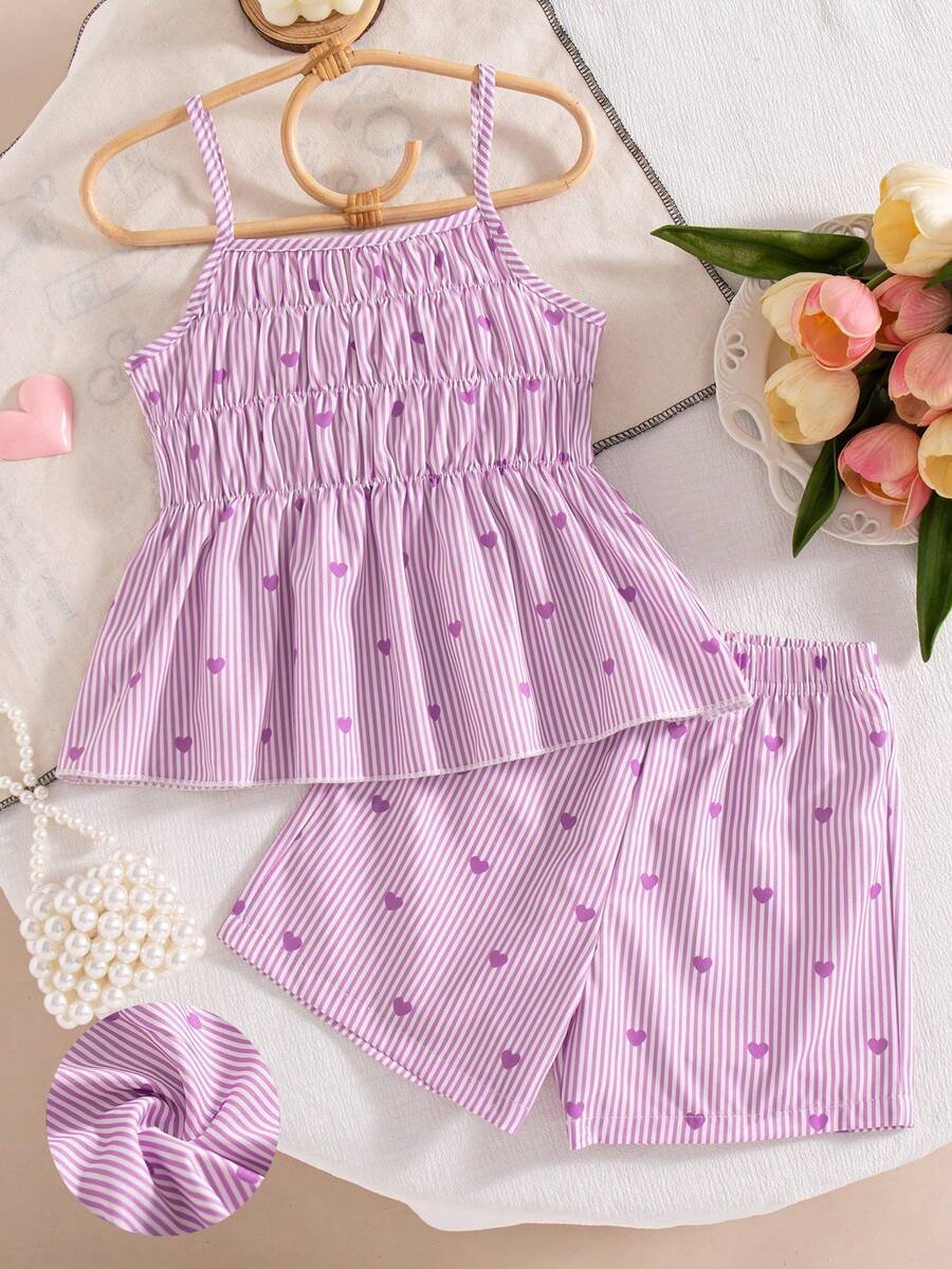 2pcs Girls Casual Striped Heart Print Decor Spaghetti Strap Vest And Elastic Waist Shorts Set, Spring/Summer - Purple - View 1