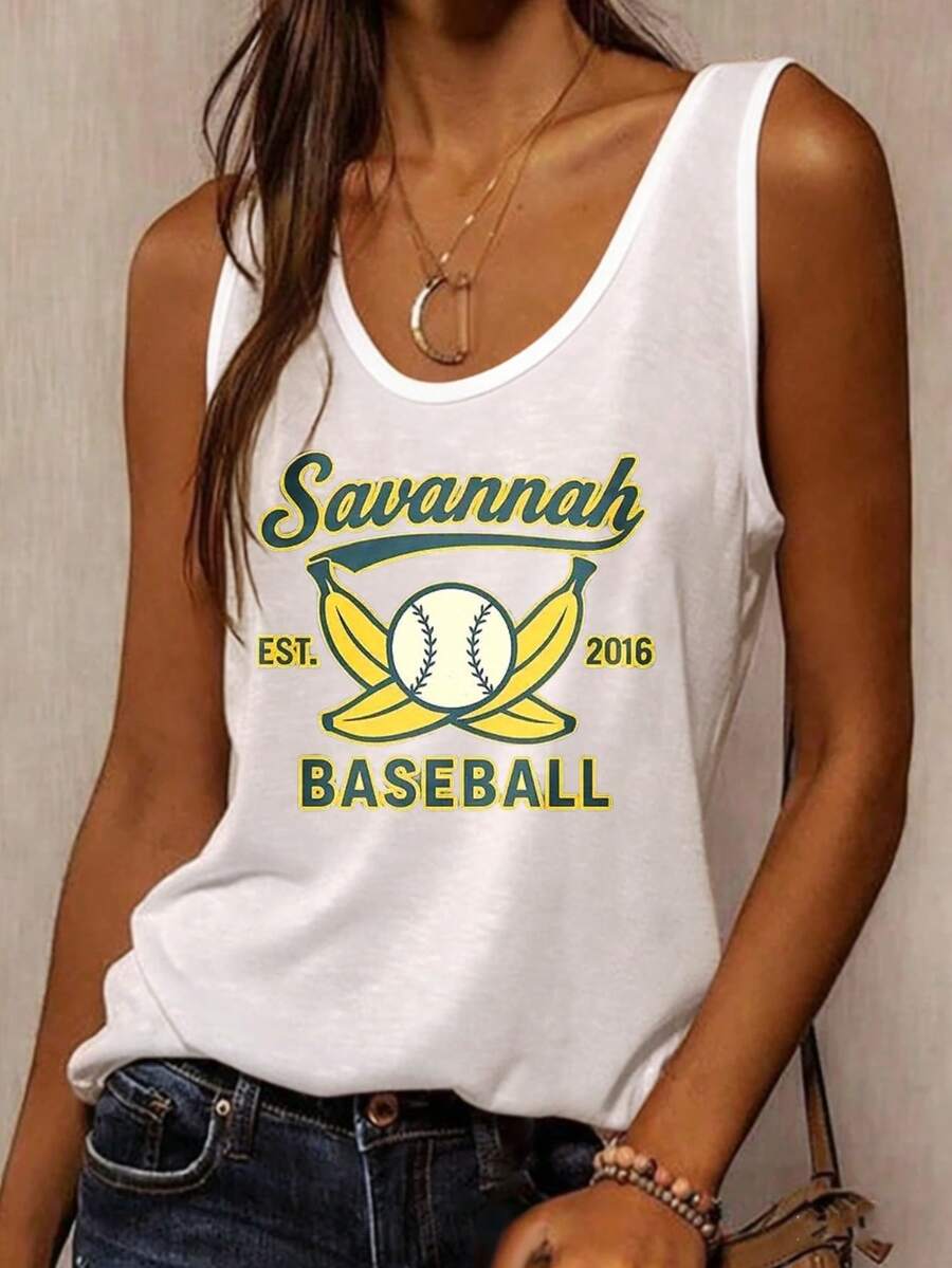 Women's Vest Savannah Baseball Est 2016 Banana And Ball Design Printed, Elegant And Fashionable With Feminine Charm. Ideal For Holiday Gifts. Saint Patrick's Day, Mother's Day, Valentine's Day Gifts. Suitable For Spring And Summer Seasons. Refreshing, Exquisite And Magnificent. Suitable For Casual, Sports, Vacation, Travel, Beach Wear And Daily Wear. Versatile And Suitable For All Occasions. Elegant Women's Sets, Shirts, Pink Summer Outfits, Vacation Outfits For Women. - trắng - Xem 1