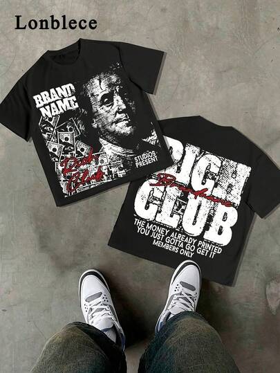 Áo thun ngắn tay in hình phong cách retro Mỹ Franklin "Rich Club", kiểu dáng rộng rãi, unisex, phong cách đường phố.