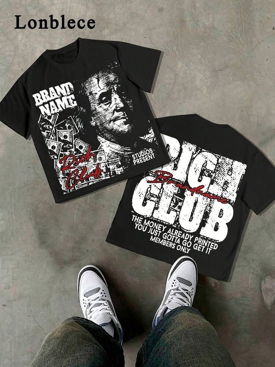 Áo thun ngắn tay in hình phong cách retro Mỹ Franklin "Rich Club", kiểu dáng rộng rãi, unisex, phong cách đường phố. - màu đen - Xem 1