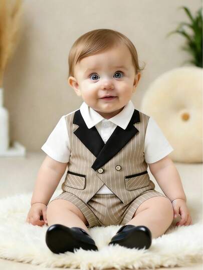 两件套欧美风男童绅士套装 - 条纹衬衫配领结、背心和短裤，夏季薄款套装，休闲户外、假日、派对、礼物