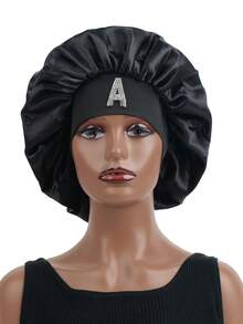 1pc Personalized 26 Hot Drill Alphabet Print Satin Wide Brim Elastic Sleep Cap, Suitable For Curly And Straight Hair Sleep Bonnet - A - View 4