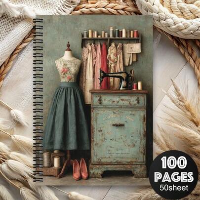 1 cuốn sổ tay lò xo chủ đề may vá cổ điển - Sổ nhật ký và kế hoạch thiết kế theo phong cách may đo retro với hình máy may và mẫu vải, dành cho người làm thủ công, người may vá - Quà tặng sổ tay cá nhân, sổ phác thảo cho phụ nữ