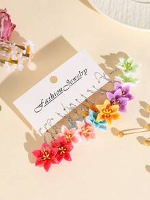 10/12/22pcs European & American Vacation Style Fresh Creative Double Layer 3D Peach Blossom & Cherry Blossom Dopamine Sweet Floral Earrings Set For Women - Multicolor - View 5