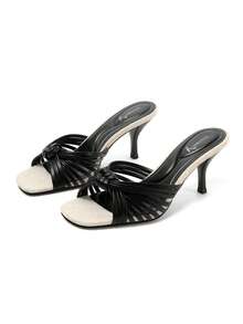 vivianly Black Heels Sandals For Women Summer Crisscross Knot Strap Kitten Heeled Sandals Y2K Fashionable Casual Slip-On Square Toe Mules Party Wedding Shoes - 黑色 - 查看 11