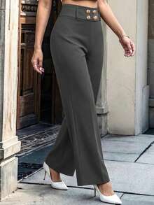 Perirose Women's Dark Gray High Waist Wide Leg Pants, Double Gold Button Tailored Straight Trousers, Fall Winter Office Chic Business Casual Going Out Outfit - Grey - View 2