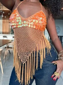 Women Sequin Knit Halter Top Sleeveless V Neck Solid Color Hollow Out Crochet Irregular Tassel Hem Crop Tank Top Summer Beach Vacation Backless Flowy Camisole - 橘色 - 查看 3