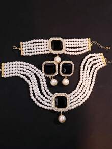 4pcs Set Luxurious Exaggerated Multi-Layer Faux Pearl, Rhinestone And Crystal Embedded Necklace, Earrings, Bracelet Jewelry Set, Suitable For Women's Wedding, Party, And Holiday Gifts - Multicolor - View 10