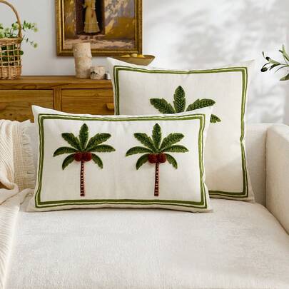 1pc Coconut Tree Embroidered Green Throw Pillow Cover, Fresh Green Plant Palm Tree Cushion Cover For Indoor Decor, Suitable For All Seasons, Pillow Insert Not Included