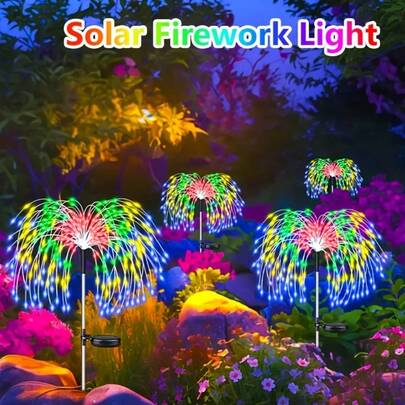 太阳能烟花灯，8种彩色灯光模式切换，IP65防水太阳能艺术插地闪光灯，户外太阳能智能灯，适用于庭院派对装饰，升级版带智能光传感器烟花灯