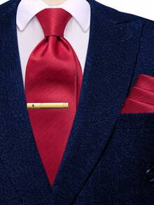 Juego de corbata a rayas rojas para hombres - Incluye pañuelo a juego y pinza de corbata dorada, corbata formal para boda y negocios - Rojo - Ver 1