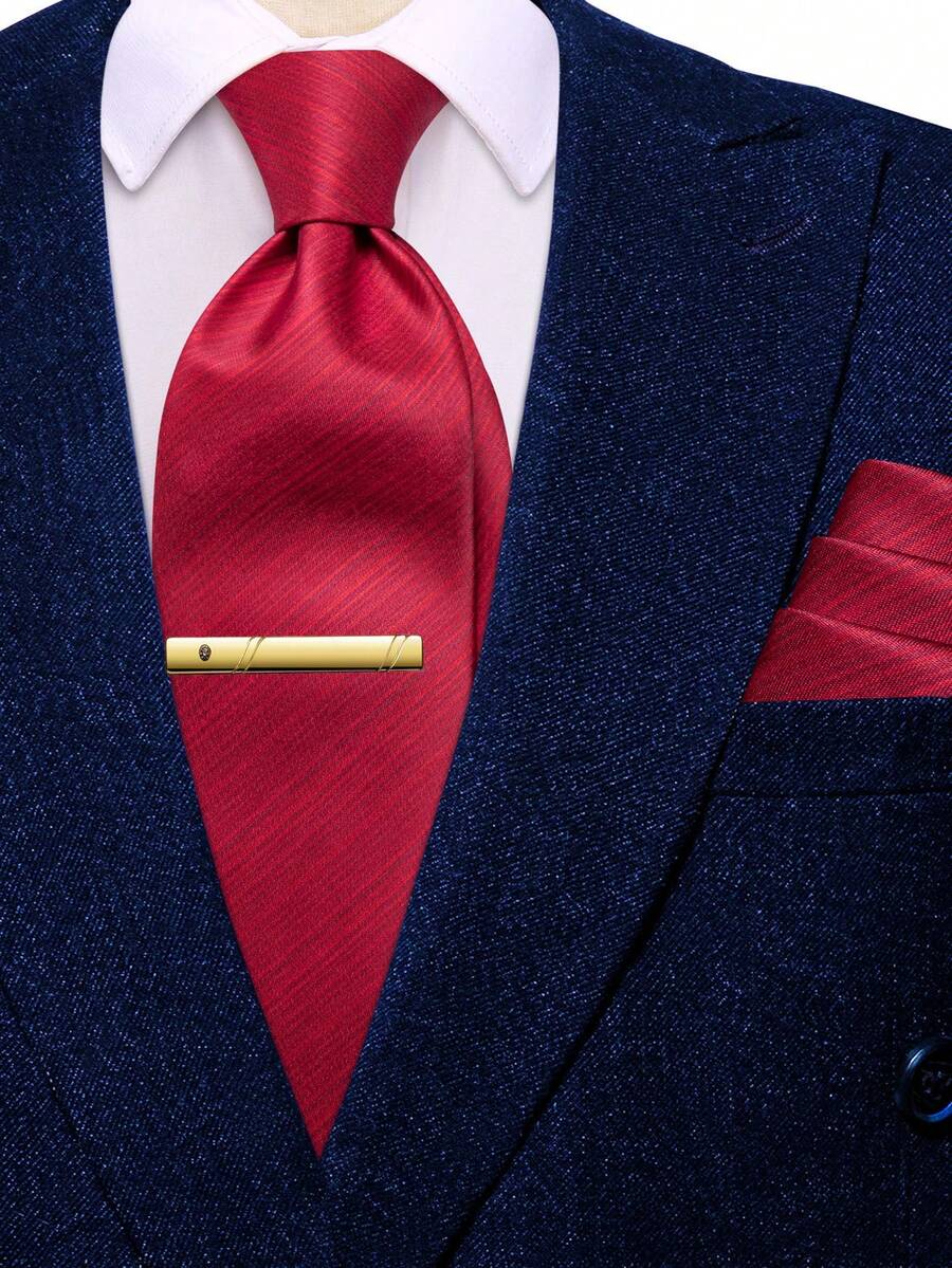 Juego de corbata a rayas rojas para hombres - Incluye pañuelo a juego y pinza de corbata dorada, corbata formal para boda y negocios - Rojo - Ver 1