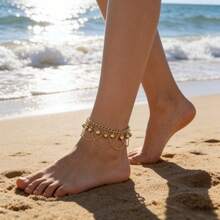 1件时尚波西米亚风夏季沙滩金色波浪链条流苏铃铛脚链手链配饰礼品 - 鈴鐺款 - 查看 1
