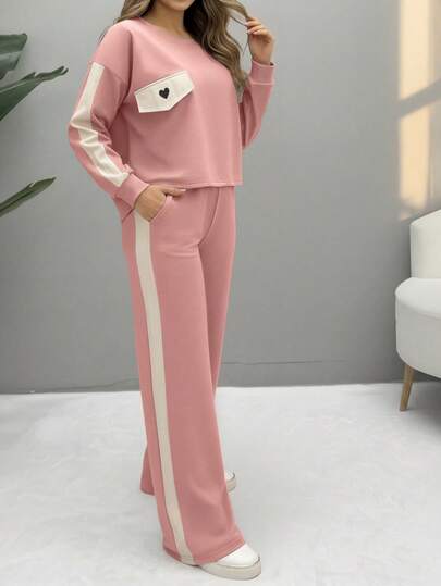 2pcs/Set Women Casual Round Neck Heart Pattern Long Sleeve Top And Pants Suit, Autumn/Winter Spring