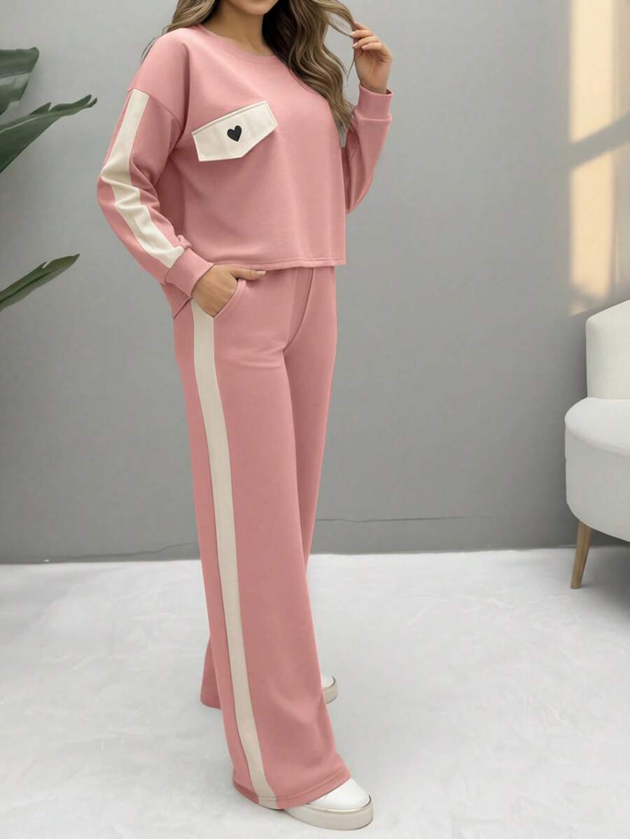 2pcs/Set Women Casual Round Neck Heart Pattern Long Sleeve Top And Pants Suit, Autumn/Winter Spring - Pink 2 - View 1