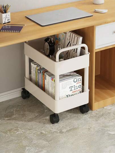 1pc Double-Layer Plastic Storage Cart, Movable Multi-Purpose Organizer For Bedroom, Bedside, Living Room, Bathroom, Office
