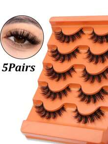 5 Pairs Fluffy Cartoon Style False Eyelashes, Natural Cat Eye Design, Faux Mink, Makeup Tools, Strip Lashes - Black - View 3